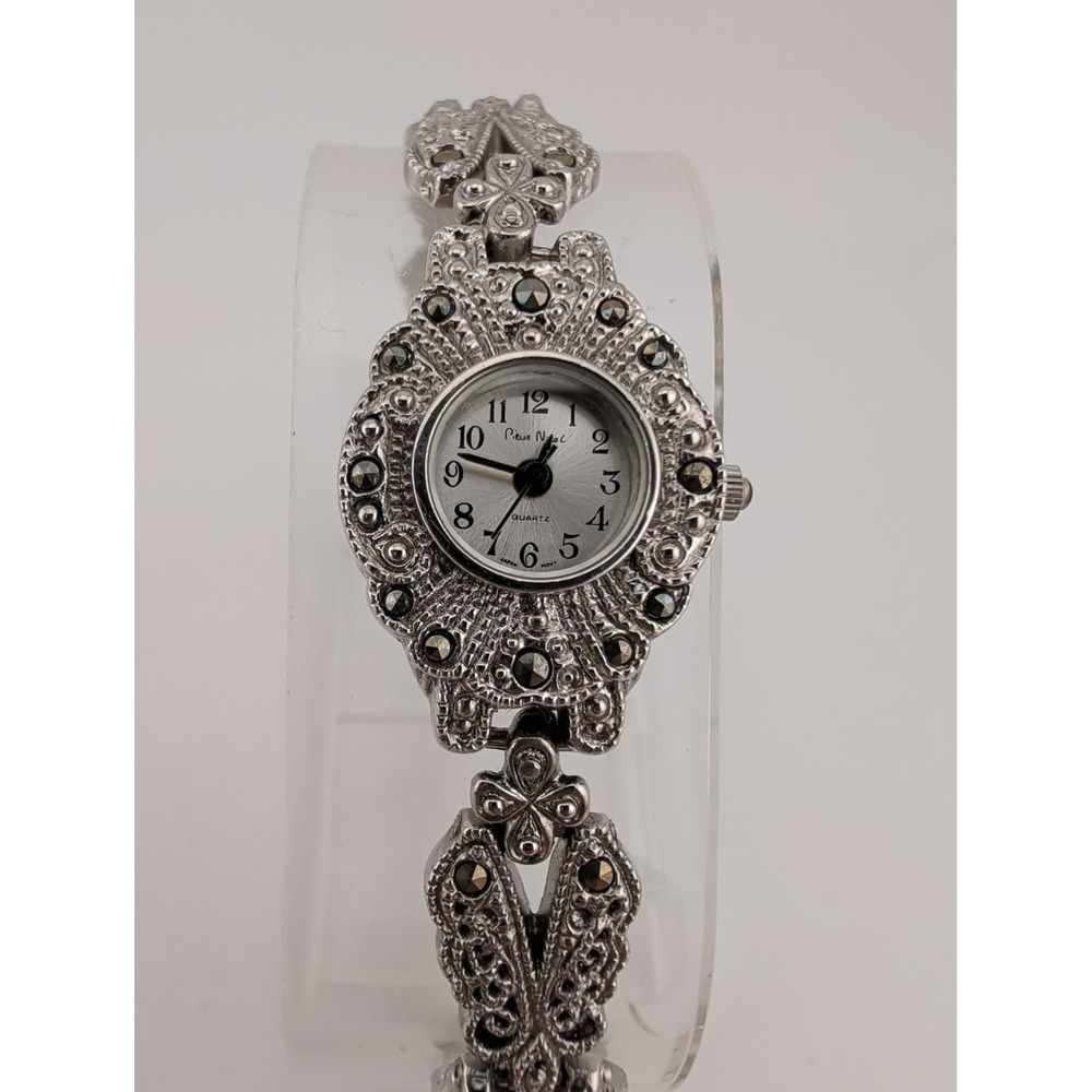 Pierre Nicol Women's Watch 24mm Silver Tone Marcasite 7" Bracelet- New Battery